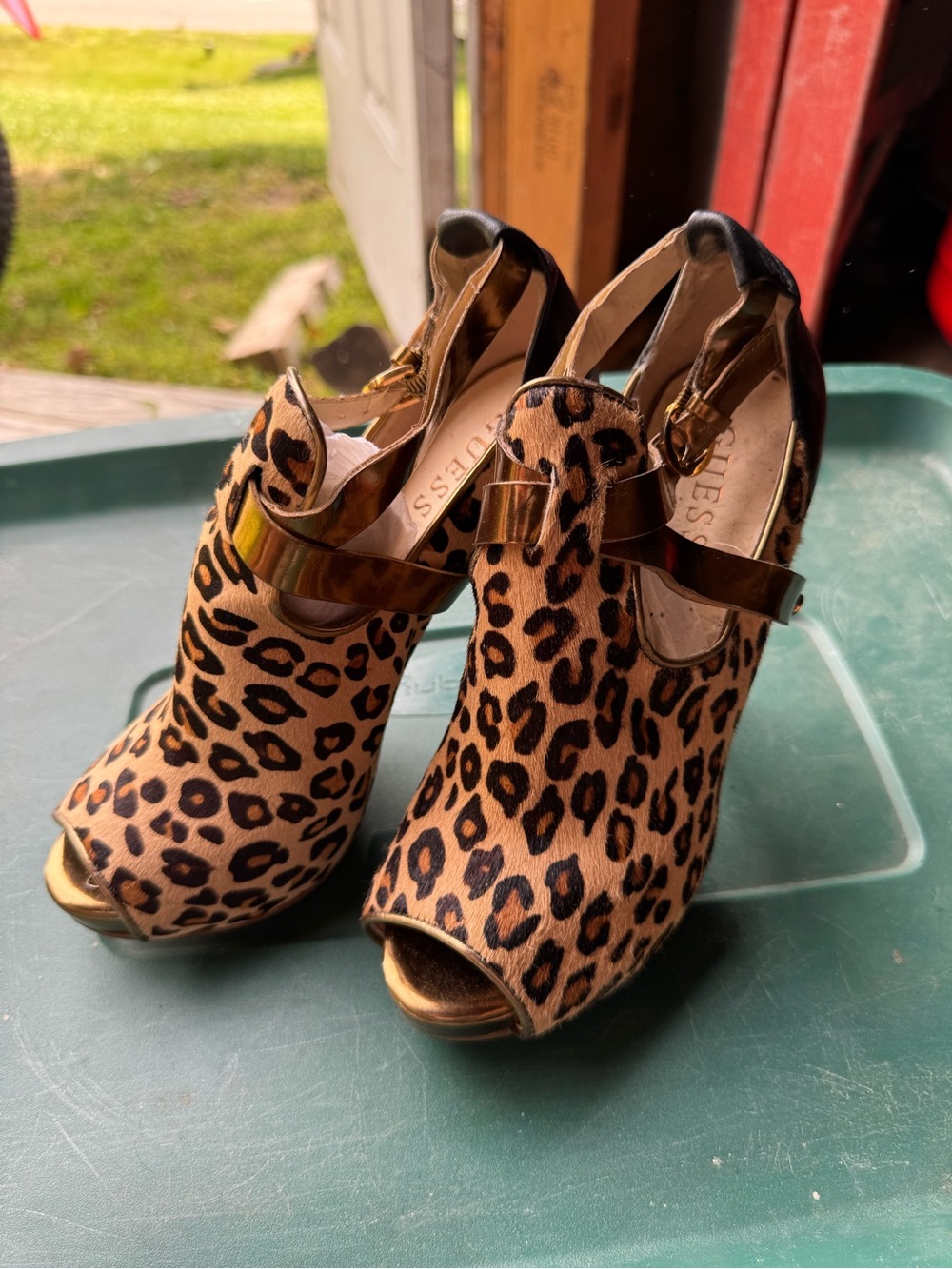 GUESS Leopard Print Peep-Toe Heels in Brown womens